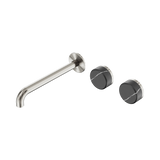 An image of Nero Tapware's Serenity Wall Basin Set 220mm Offset Spout With Carrara Handle Brushed Nickel