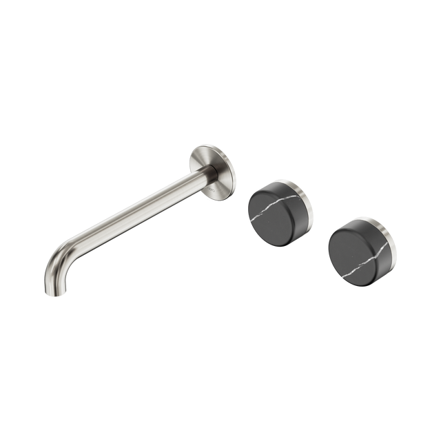An image of Nero Tapware's Serenity Wall Basin Set 220mm Offset Spout With Carrara Handle Brushed Nickel
