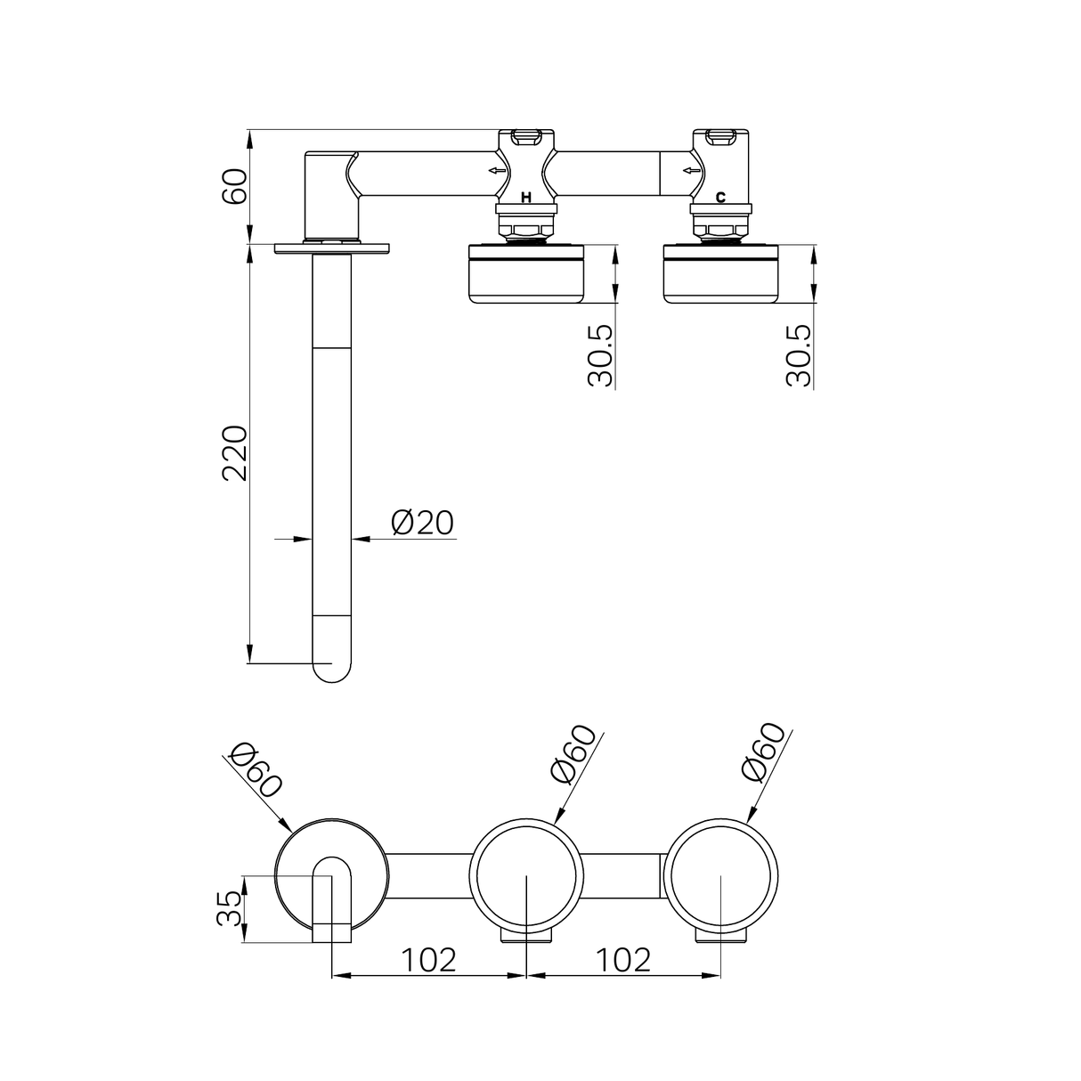 A line drawing of Nero Tapware's Serenity Wall Basin Set 220mm Offset Spout With Carrara Handle Chrome