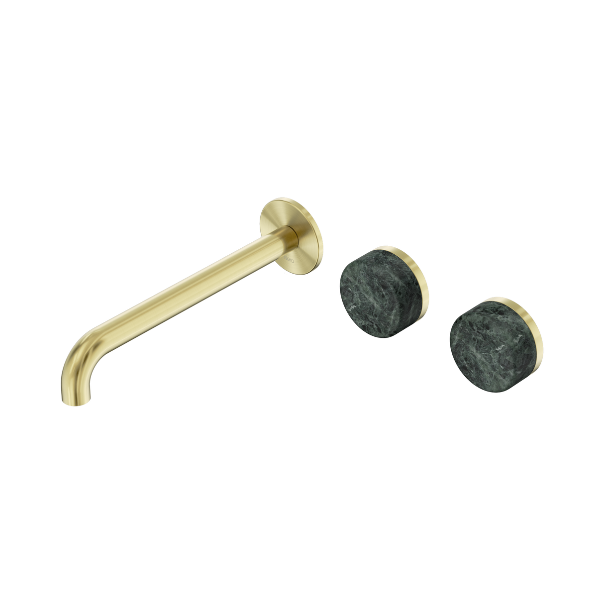 An image of Nero Tapware's Serenity Wall Basin Set 220mm Offset Spout With Verde Alpi Handle Brushed Gold