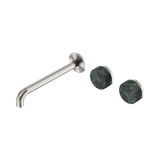 An image of Nero Tapware's Serenity Wall Basin Set 220mm Offset Spout With Verde Alpi Handle Brushed Nickel