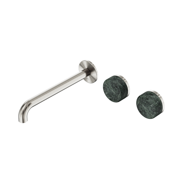 An image of Nero Tapware's Serenity Wall Basin Set 220mm Offset Spout With Verde Alpi Handle Brushed Nickel
