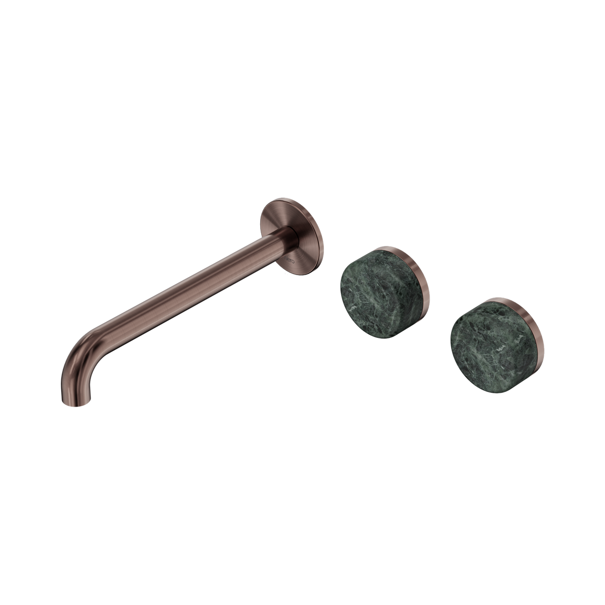 An image of Nero Tapware's Serenity Wall Basin Set 220mm Offset Spout With Verde Alpi Handle Brushed Bronze
