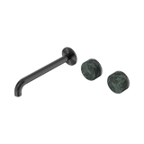 An image of Nero Tapware's Serenity Wall Basin Set 220mm Offset Spout With Verde Alpi Handle Gun Metal