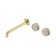An image of Nero Tapware's Serenity Wall Basin Set 220mm Offset Spout With Rome Travertine Handle Brushed Gold
