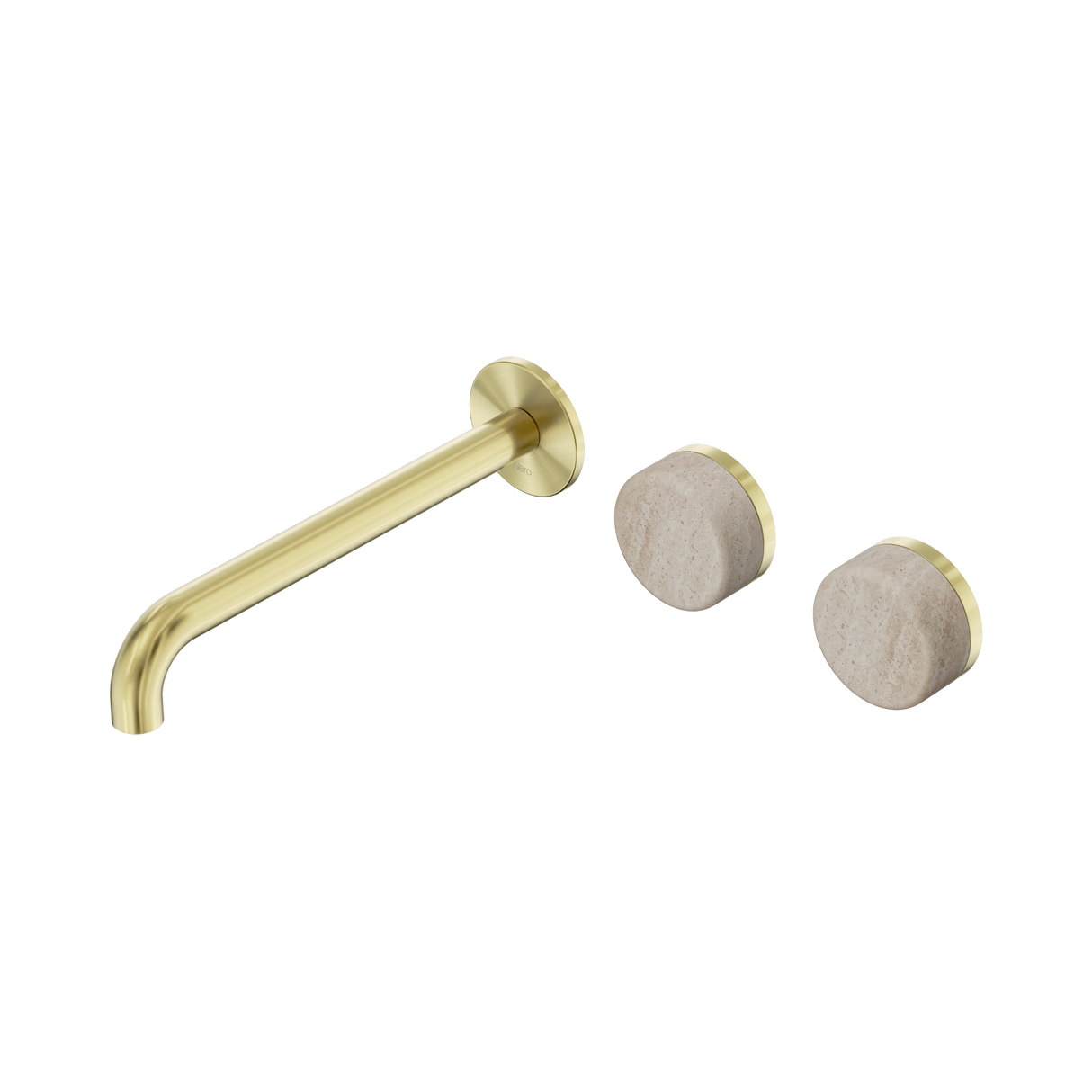 An image of Nero Tapware's Serenity Wall Basin Set 220mm Offset Spout With Rome Travertine Handle Brushed Gold