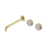 An image of Nero Tapware's Serenity Wall Basin Set 220mm Offset Spout With Rome Travertine Handle Brushed Gold