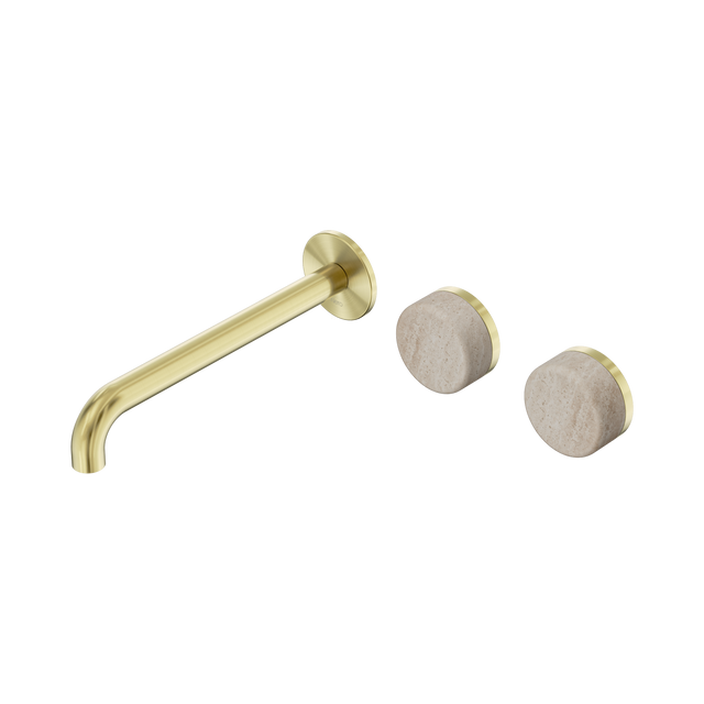 An image of Nero Tapware's Serenity Wall Basin Set 220mm Offset Spout With Rome Travertine Handle Brushed Gold