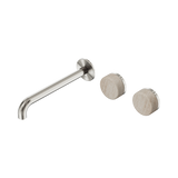 An image of Nero Tapware's Serenity Wall Basin Set 220mm Offset Spout With Rome Travertine Handle Brushed Nickel