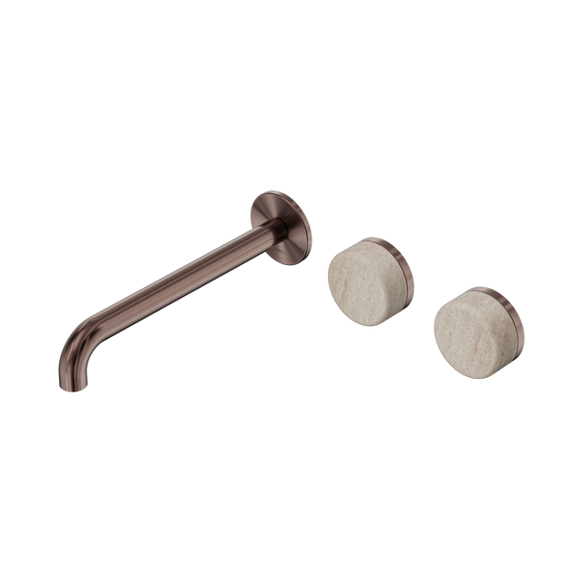An image of Nero Tapware's Serenity Wall Basin Set 220mm Offset Spout With Rome Travertine Handle Brushed Bronze