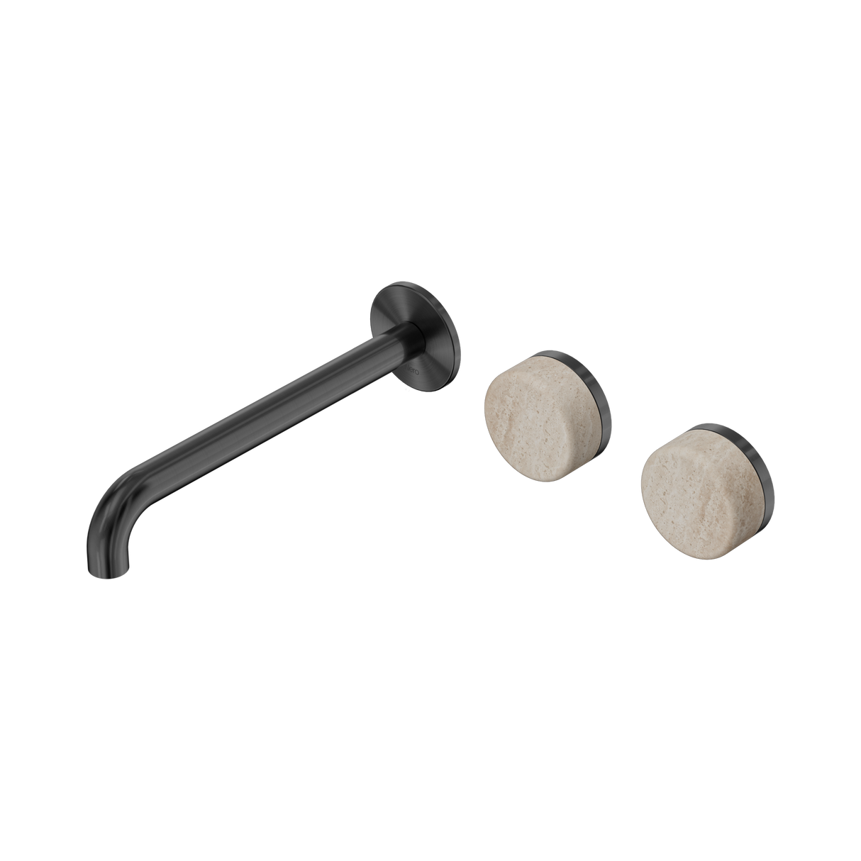 An image of Nero Tapware's Serenity Wall Basin Set 220mm Offset Spout With Rome Travertine Handle Gun Metal