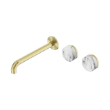 An image of Nero Tapware's Serenity Wall Basin Set 220mm Offset Spout With Arabescato Corchia Handle Brushed Gold