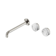 An image of Nero Tapware's Serenity Wall Basin Set 220mm Offset Spout With Arabescato Corchia Handle Brushed Nickel