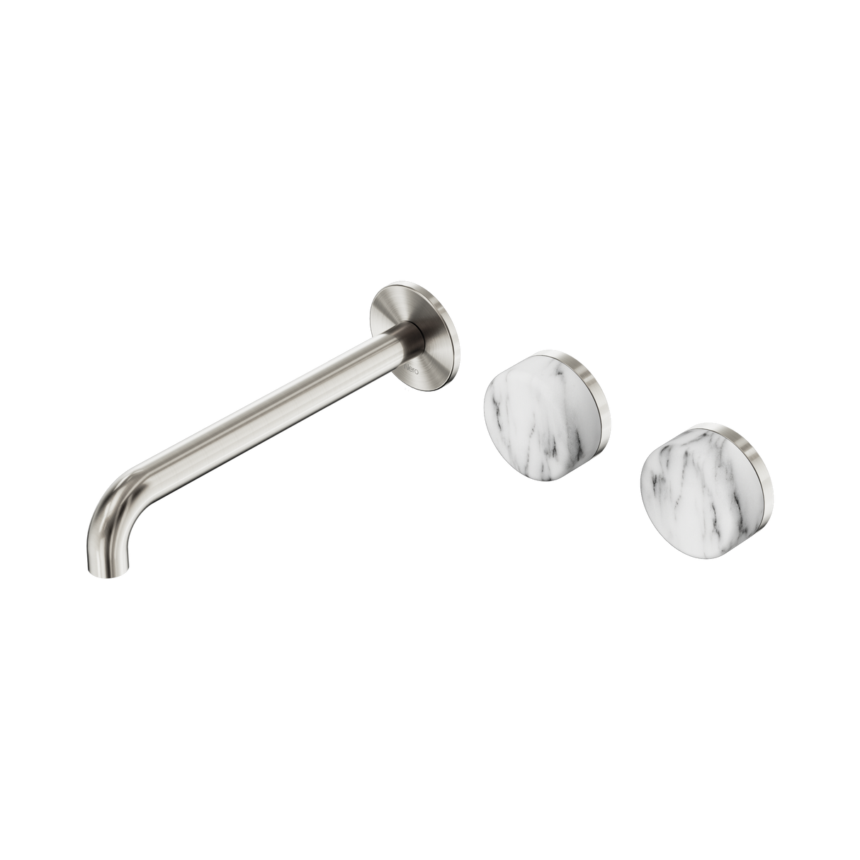 An image of Nero Tapware's Serenity Wall Basin Set 220mm Offset Spout With Arabescato Corchia Handle Brushed Nickel