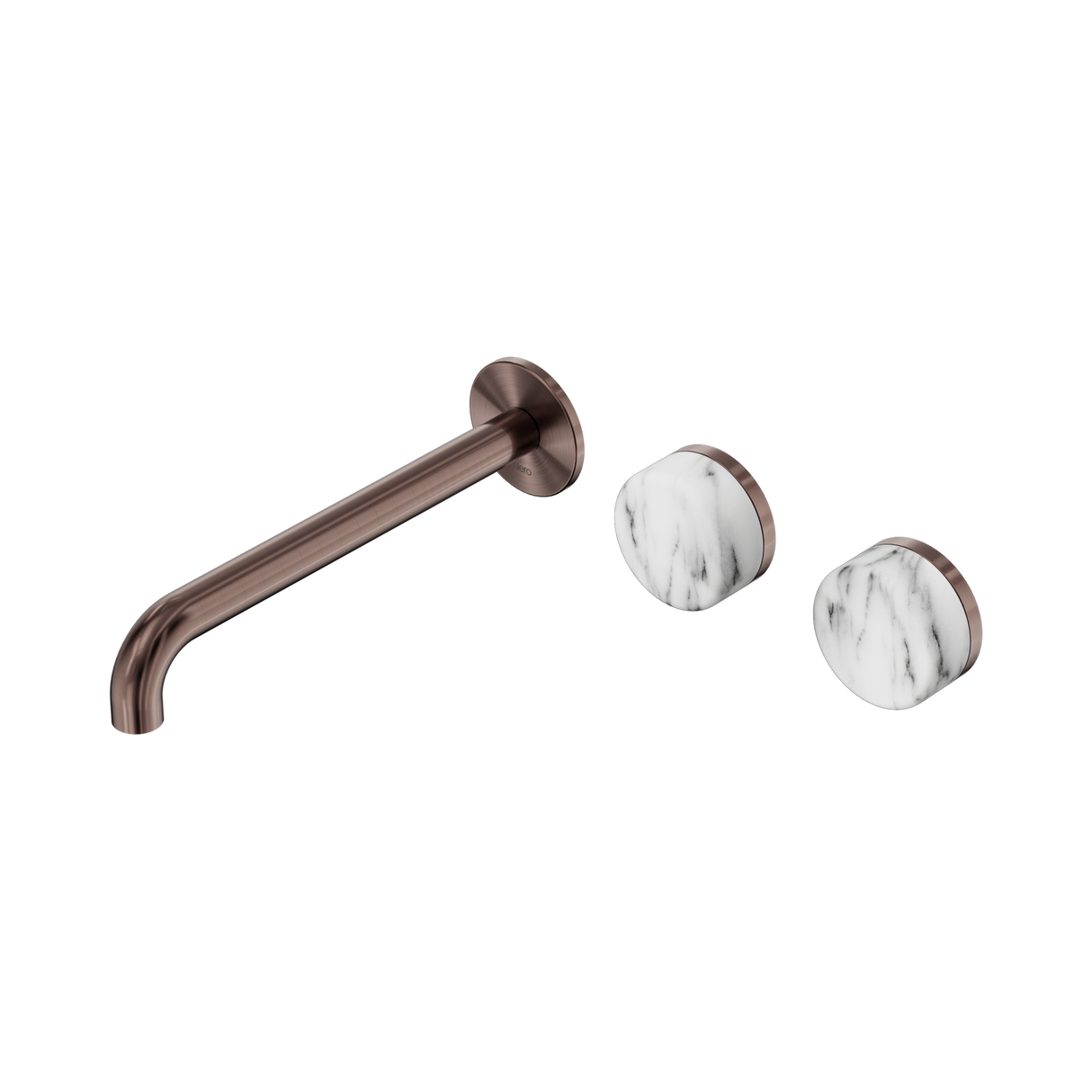 An image of Nero Tapware's Serenity Wall Basin Set 220mm Offset Spout With Arabescato Corchia Handle Brushed Bronze