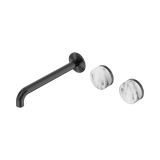 An image of Nero Tapware's Serenity Wall Basin Set 220mm Offset Spout With Arabescato Corchia Handle Gun Metal
