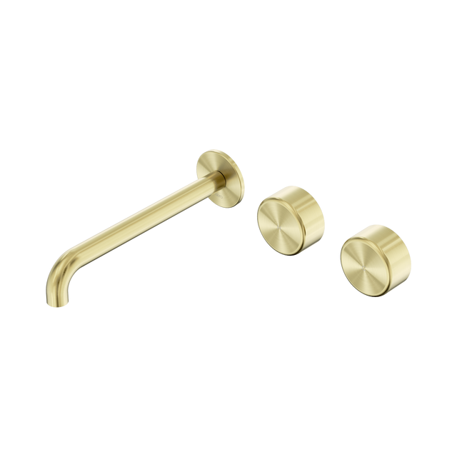 An image of Nero Tapware's Serenity Wall Basin Set 220mm Offset Spout With Metal Handle Brushed Gold
