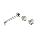 An image of Nero Tapware's Serenity Wall Basin Set 220mm Offset Spout With Metal Handle Brushed Nickel