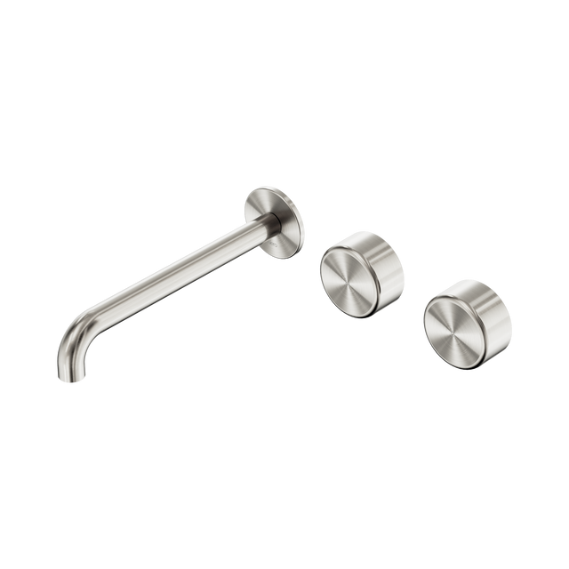 An image of Nero Tapware's Serenity Wall Basin Set 220mm Offset Spout With Metal Handle Brushed Nickel