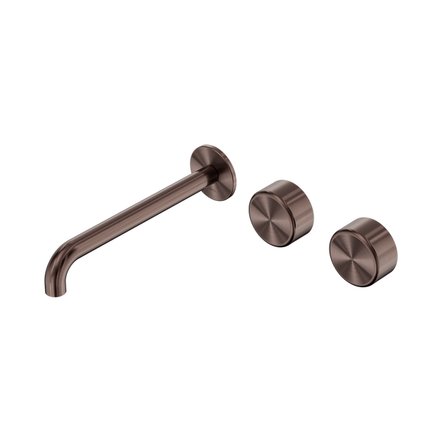 An image of Nero Tapware's Serenity Wall Basin Set 220mm Offset Spout With Metal Handle Brushed Bronze