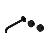 An image of Nero Tapware's Serenity Wall Basin Set 220mm Offset Spout With Metal Handle Matt Black