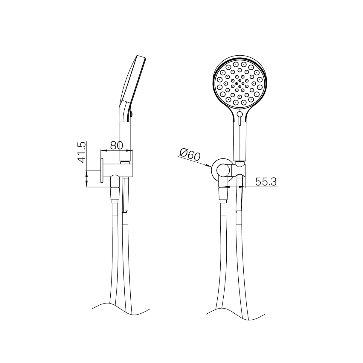 A line drawing of Nero Tapware's Serenity Hand Held Shower Matt Black