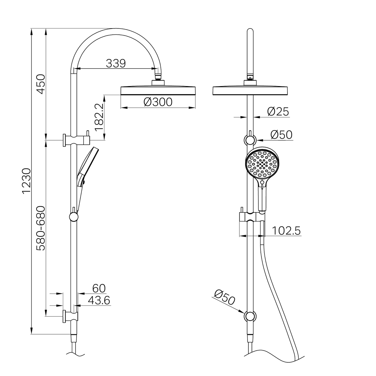 A line drawing of Nero Tapware's Serenity Twin Shower Chrome
