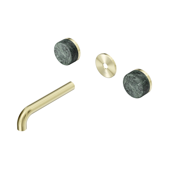 An image of Nero Tapware's Serenity Wall Basin Set 160mm Spout With Verde Alpi Handle Trim Kit Only Brushed Gold