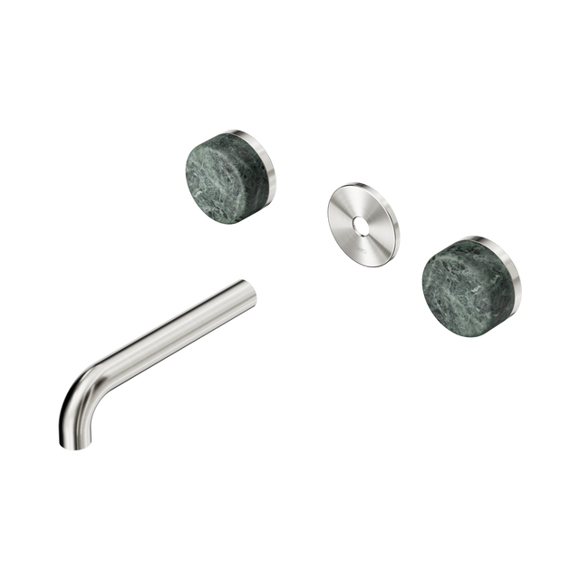 An image of Nero Tapware's Serenity Wall Basin Set 160mm Spout With Verde Alpi Handle Trim Kit Only Brushed Nickel