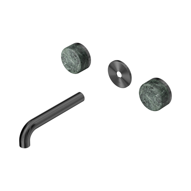 An image of Nero Tapware's Serenity Wall Basin Set 160mm Spout With Verde Alpi Handle Trim Kit Only Gun Metal