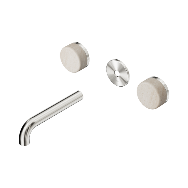 An image of Nero Tapware's Serenity Wall Basin Set 160mm Spout With Rome Travertine Handle Trim Kit Only Brushed Nickel