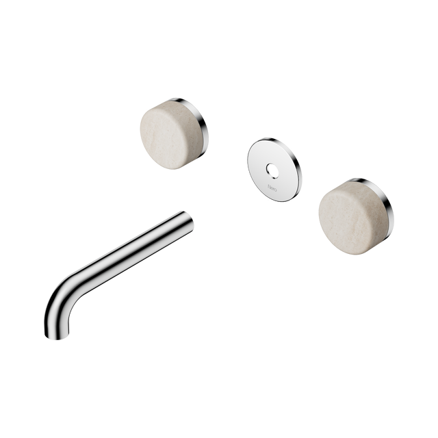 An image of Nero Tapware's Serenity Wall Basin Set 160mm Spout With Rome Travertine Handle Trim Kit Only Chrome