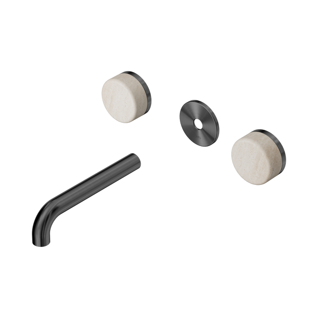 An image of Nero Tapware's Serenity Wall Basin Set 160mm Spout With Rome Travertine Handle Trim Kit Only Gun Metal