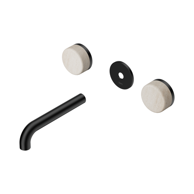 An image of Nero Tapware's Serenity Wall Basin Set 160mm Spout With Rome Travertine Handle Trim Kit Only Matt Black