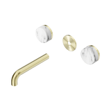 An image of Nero Tapware's Serenity Wall Basin Set 160mm Spout With Arabescato Corchia Handle Trim Kit Only Brushed Gold