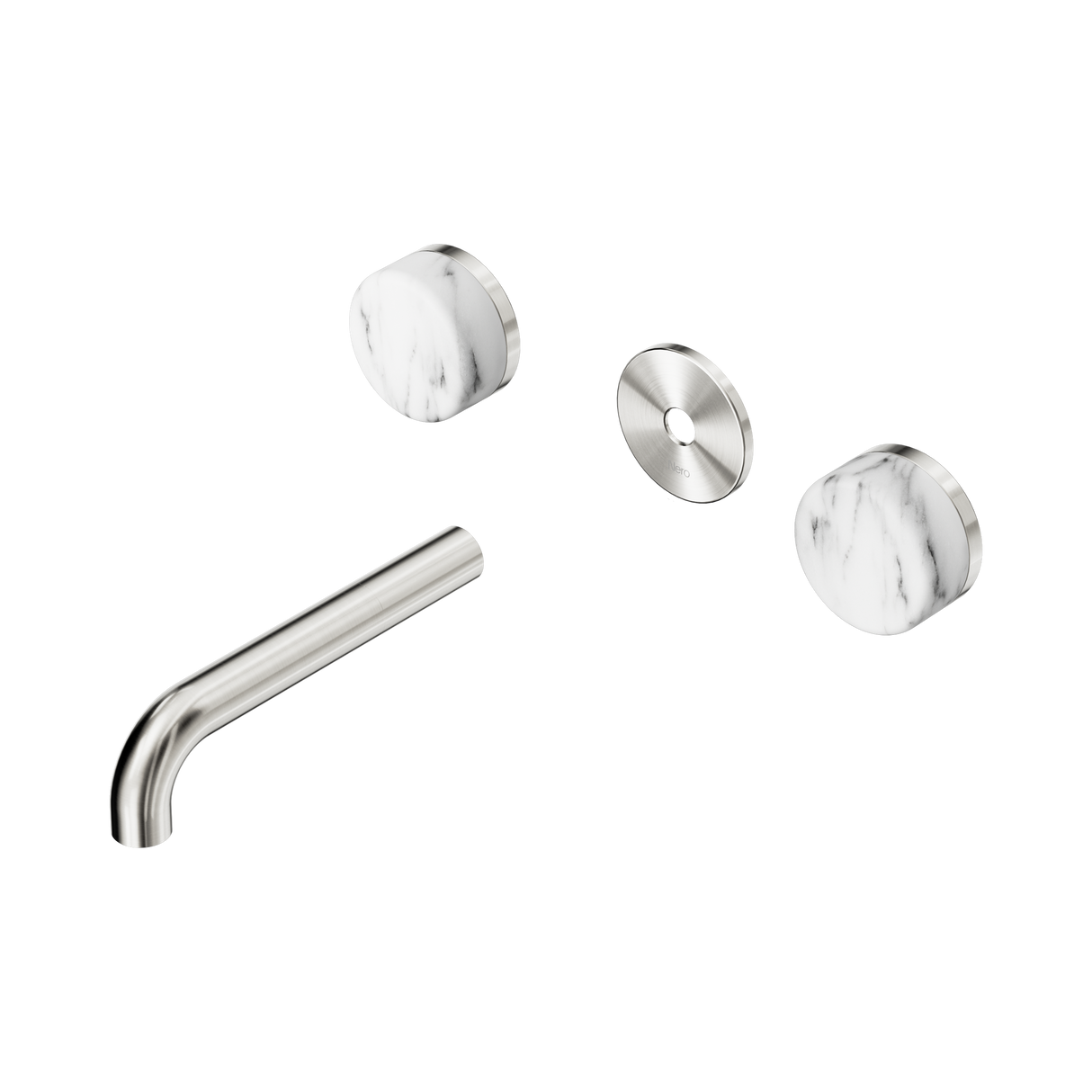 An image of Nero Tapware's Serenity Wall Basin Set 160mm Spout With Arabescato Corchia Handle Trim Kit Only Brushed Nickel