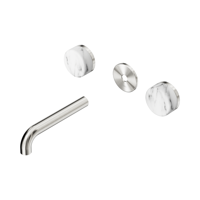 An image of Nero Tapware's Serenity Wall Basin Set 160mm Spout With Arabescato Corchia Handle Trim Kit Only Brushed Nickel
