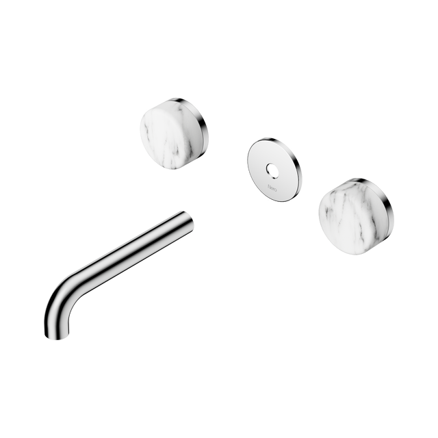 An image of Nero Tapware's Serenity Wall Basin Set 160mm Spout With Arabescato Corchia Handle Trim Kit Only Chrome