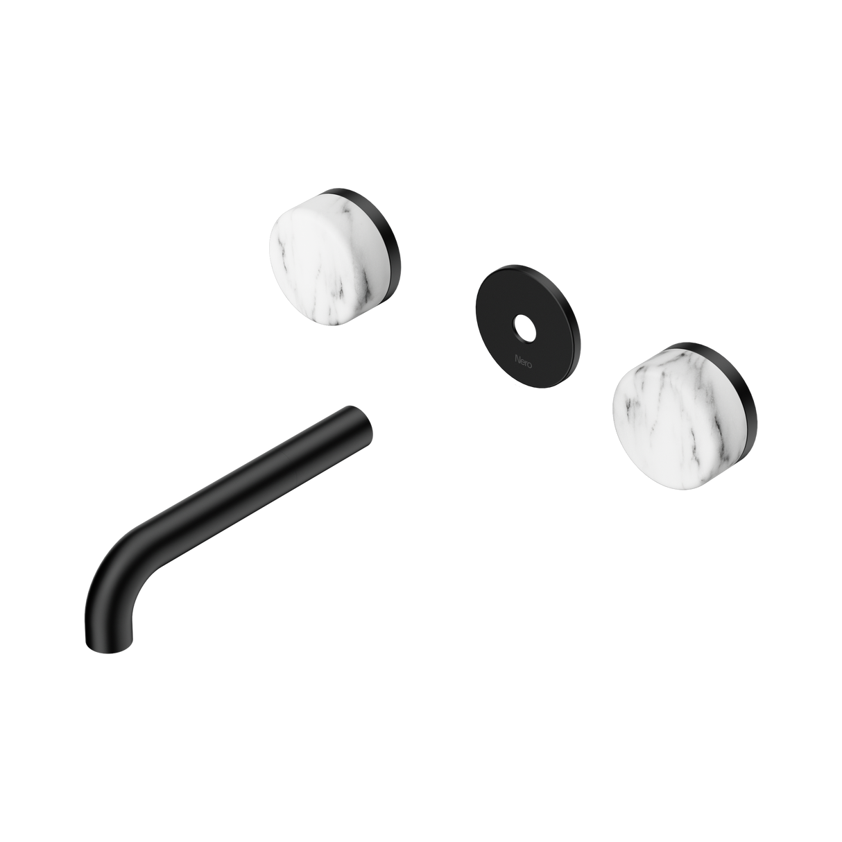 An image of Nero Tapware's Serenity Wall Basin Set 160mm Spout With Arabescato Corchia Handle Trim Kit Only Matt Black