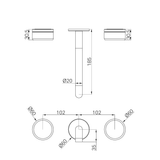 A line drawing of Nero Tapware's Serenity Wall Basin Set 185mm Spout With Verde Alpi Handle Trim Kit Only Brushed Bronze