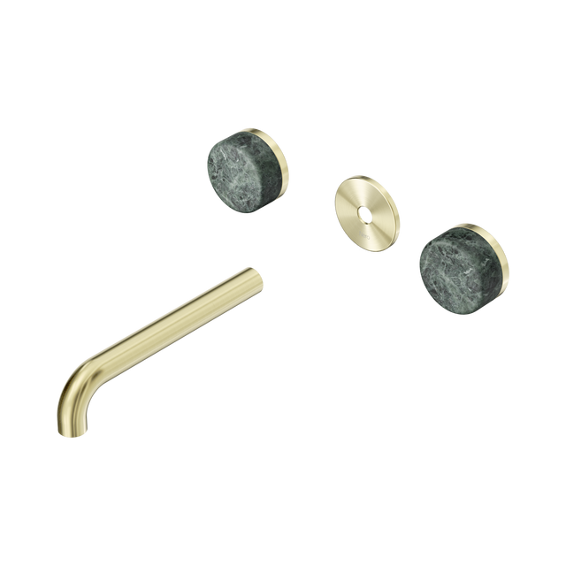An image of Nero Tapware's Serenity Wall Basin Set 185mm Spout With Verde Alpi Handle Trim Kit Only Brushed Gold