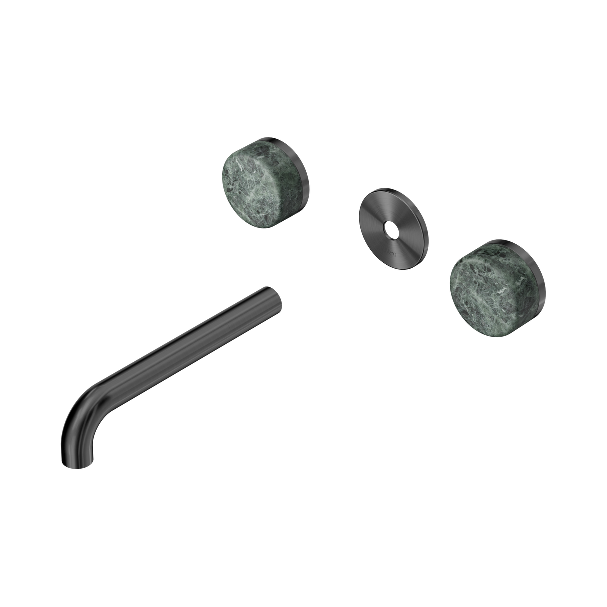 An image of Nero Tapware's Serenity Wall Basin Set 185mm Spout With Verde Alpi Handle Trim Kit Only Gun Metal