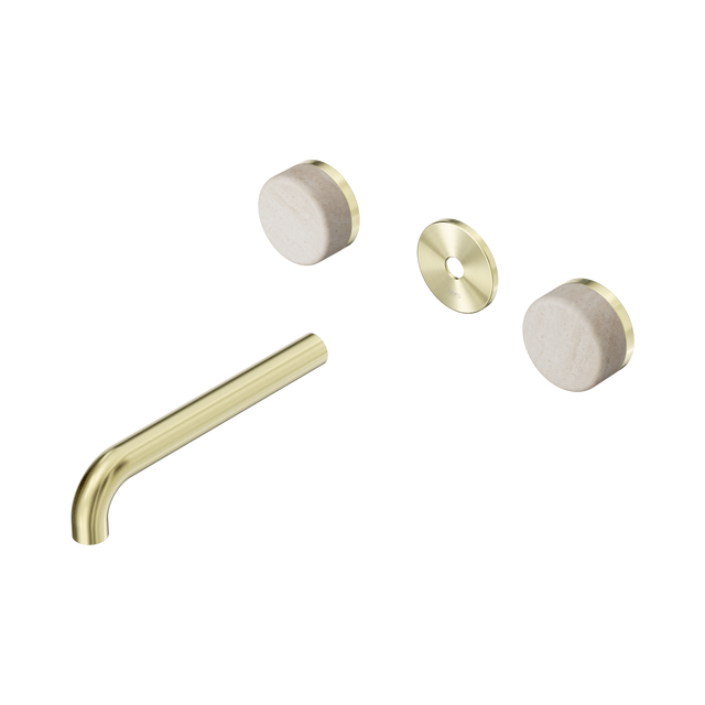 An image of Nero Tapware's Serenity Wall Basin Set 185mm Spout With Rome Travertine Handle Trim Kit Only Brushed Gold