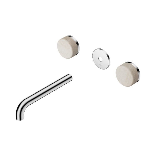 An image of Nero Tapware's Serenity Wall Basin Set 185mm Spout With Rome Travertine Handle Trim Kit Only Chrome