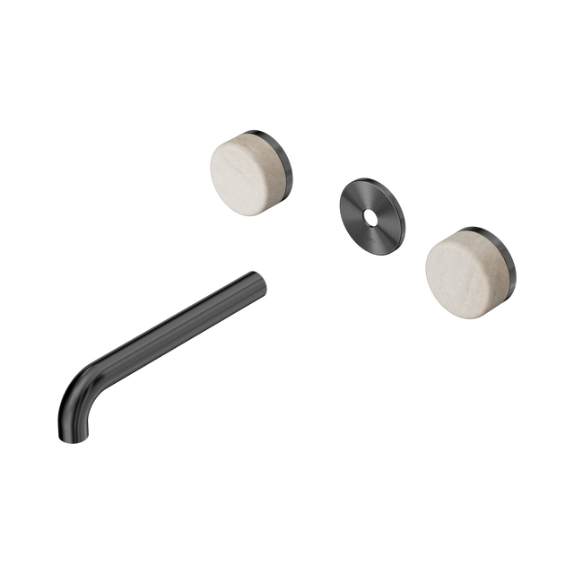 An image of Nero Tapware's Serenity Wall Basin Set 185mm Spout With Rome Travertine Handle Trim Kit Only Gun Metal