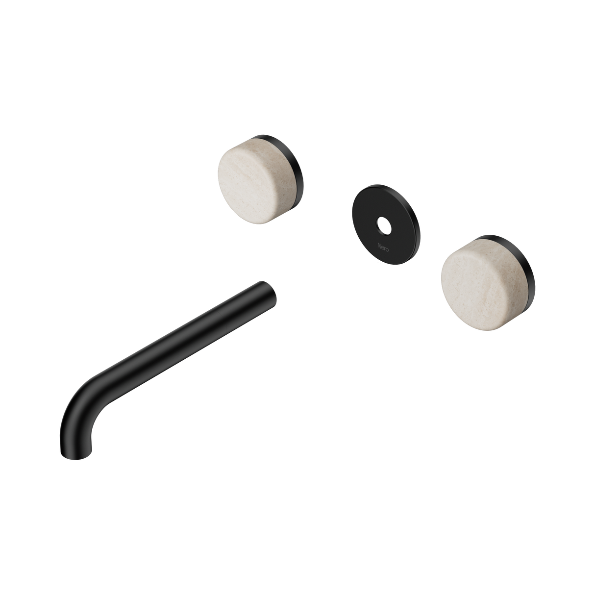 An image of Nero Tapware's Serenity Wall Basin Set 185mm Spout With Rome Travertine Handle Trim Kit Only Matt Black
