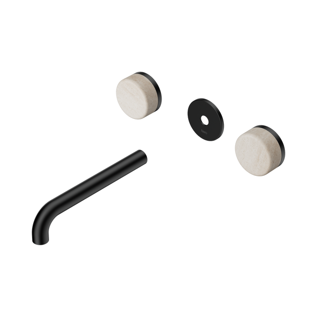 An image of Nero Tapware's Serenity Wall Basin Set 185mm Spout With Rome Travertine Handle Trim Kit Only Matt Black