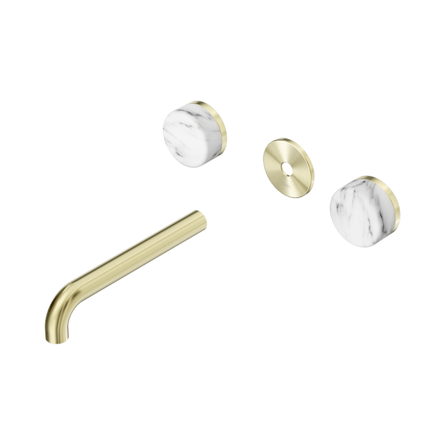An image of Nero Tapware's Serenity Wall Basin Set 185mm Spout With Arabescato Corchia Handle Trim Kit Only Brushed Gold
