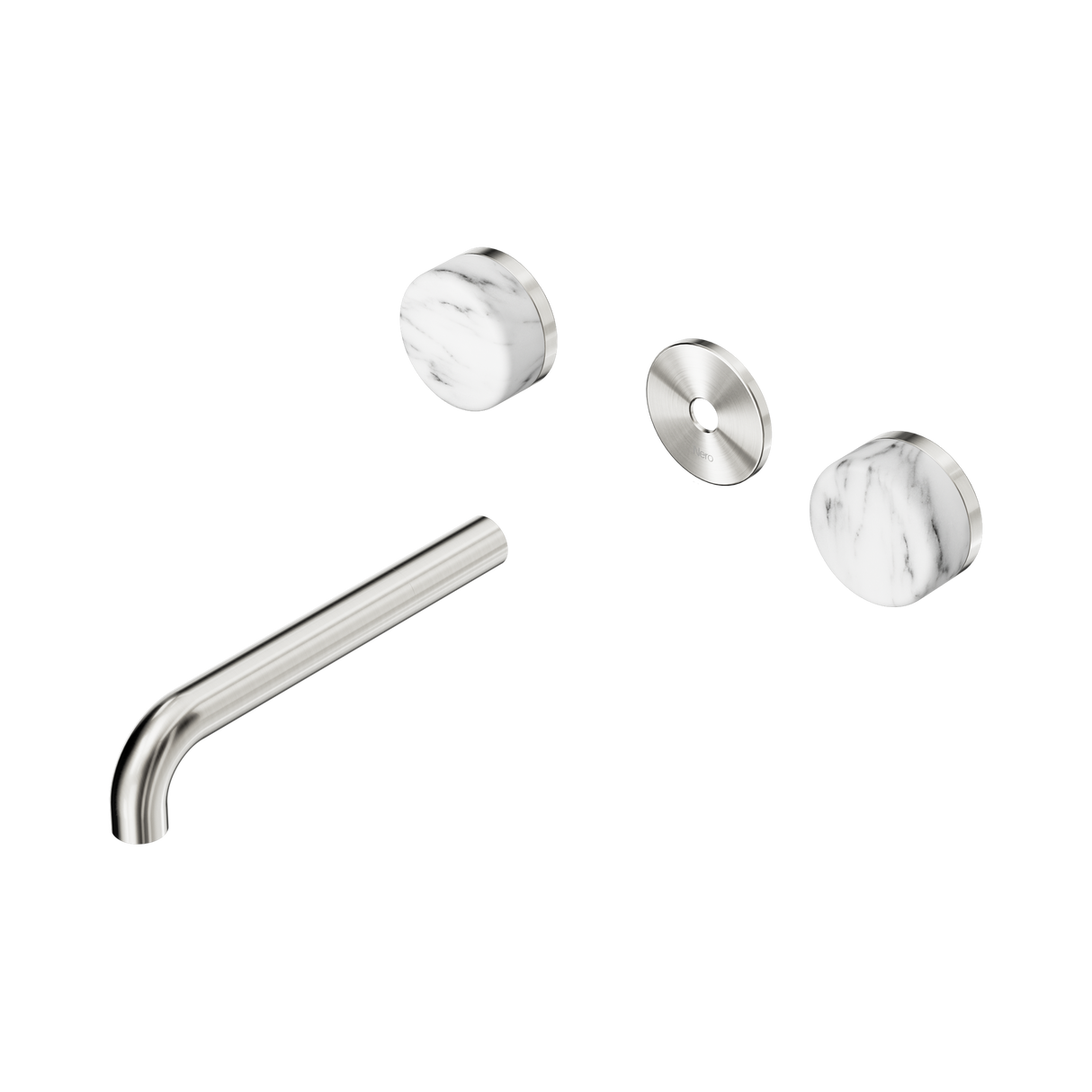 An image of Nero Tapware's Serenity Wall Basin Set 185mm Spout With Arabescato Corchia Handle Trim Kit Only Brushed Nickel