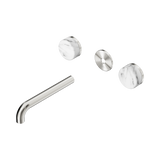An image of Nero Tapware's Serenity Wall Basin Set 185mm Spout With Arabescato Corchia Handle Trim Kit Only Brushed Nickel